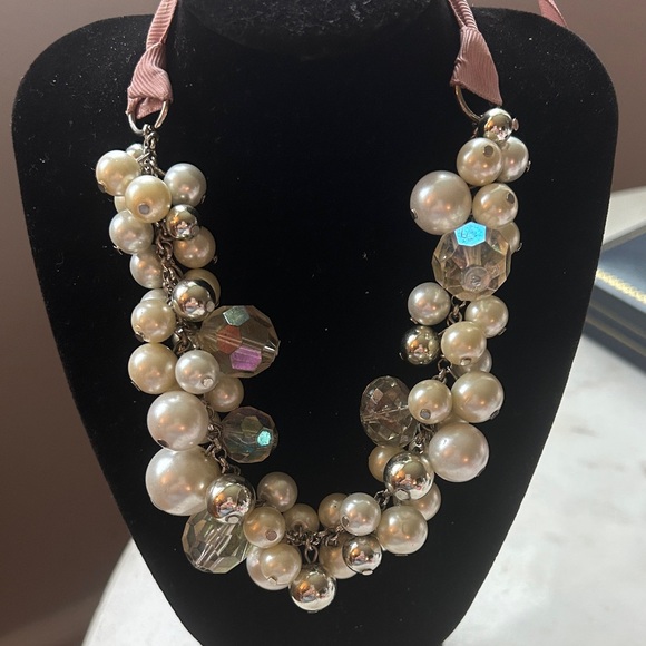Elegant Pearl and Crystal bauble ribbon Necklace - Picture 1 of 4